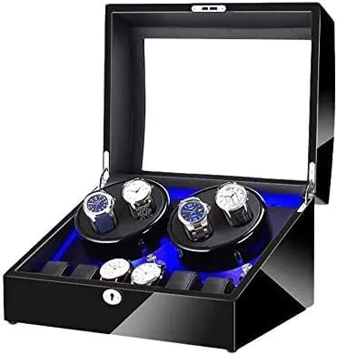 Mechanical Watch Shaker Automatic Watch Winder with Super Quiet Motor and Blue LED Light Piano Finish Black Leather Lining 4 Rotation Mode Setting (Si