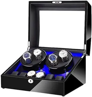 Mechanical Watch Shaker Automatic Watch Winder with Super Quiet Motor and Blue LED Light Piano Finish Black Leather Lining 4 Rotation Mode Setting (Si