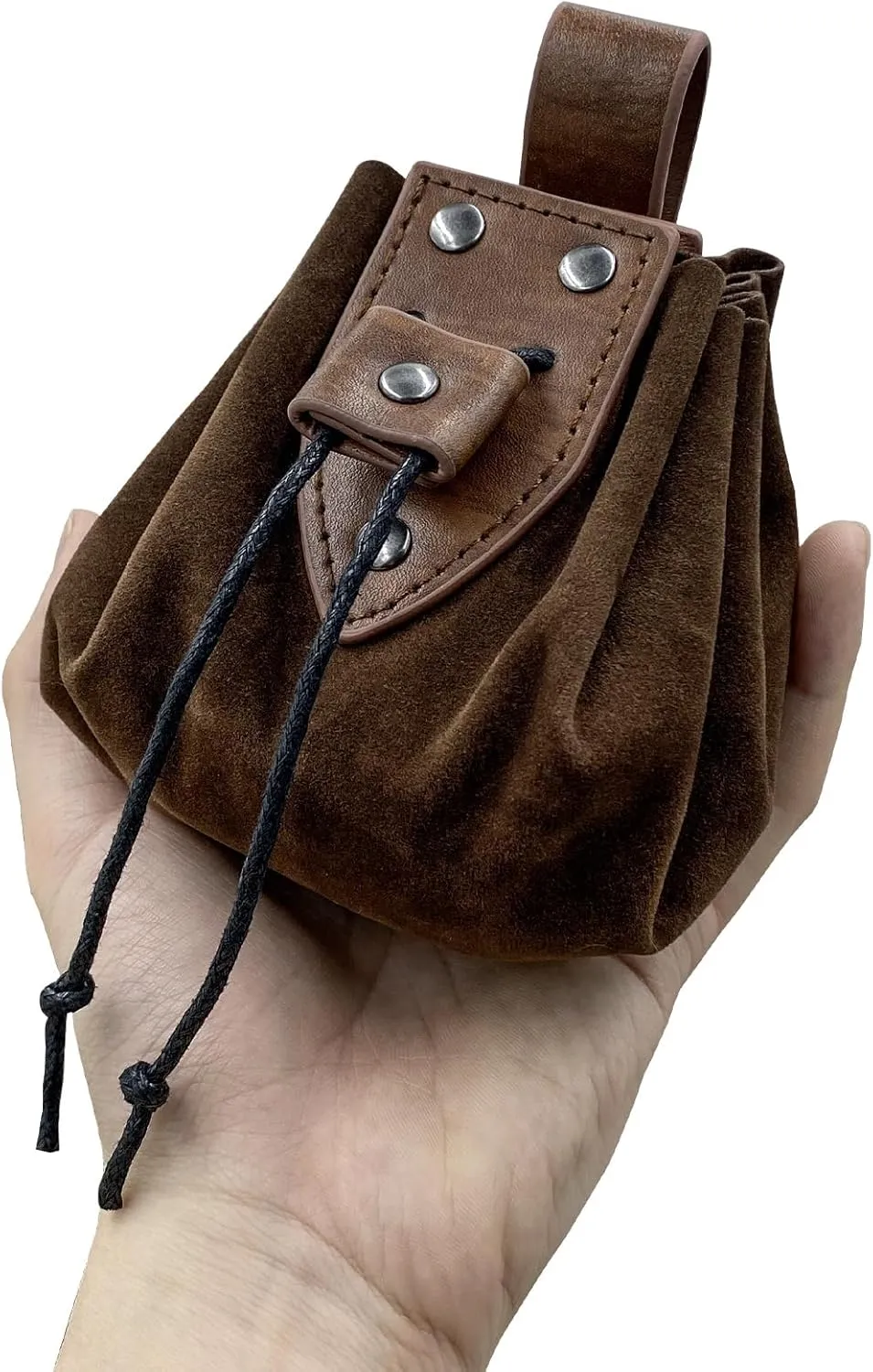 Medieval Faux Leather Drawstring Pouch Vintage Rivets Belt Pouch Coin Purse Dice Bag For LARP Ren Faire (Brown B)