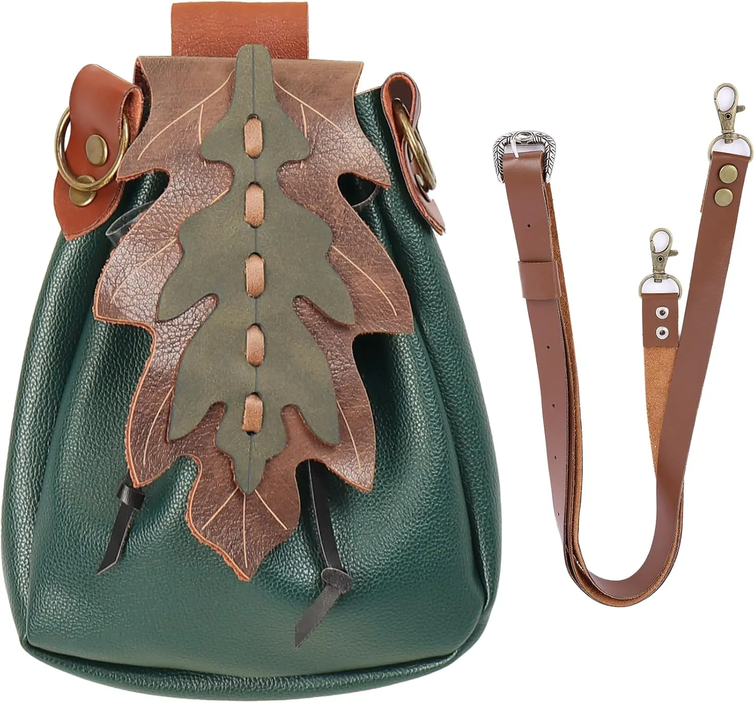 Medieval Shoulder Bag Leaf Belt Pouch Renaissance Vintage Waist Pack ELF Cosplay Ren Fairy (Green)