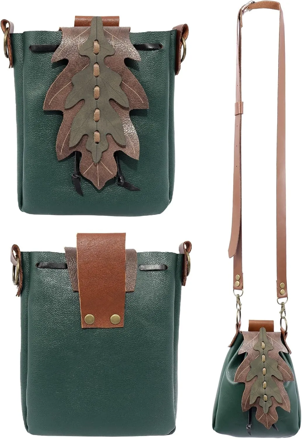 Medieval Shoulder Bag Leaf Belt Pouch Renaissance Vintage Waist Pack ELF Cosplay Ren Fairy (Green)