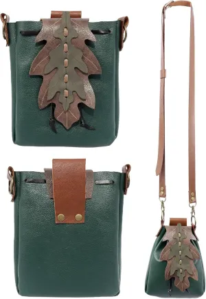 Medieval Shoulder Bag Leaf Belt Pouch Renaissance Vintage Waist Pack ELF Cosplay Ren Fairy (Green)