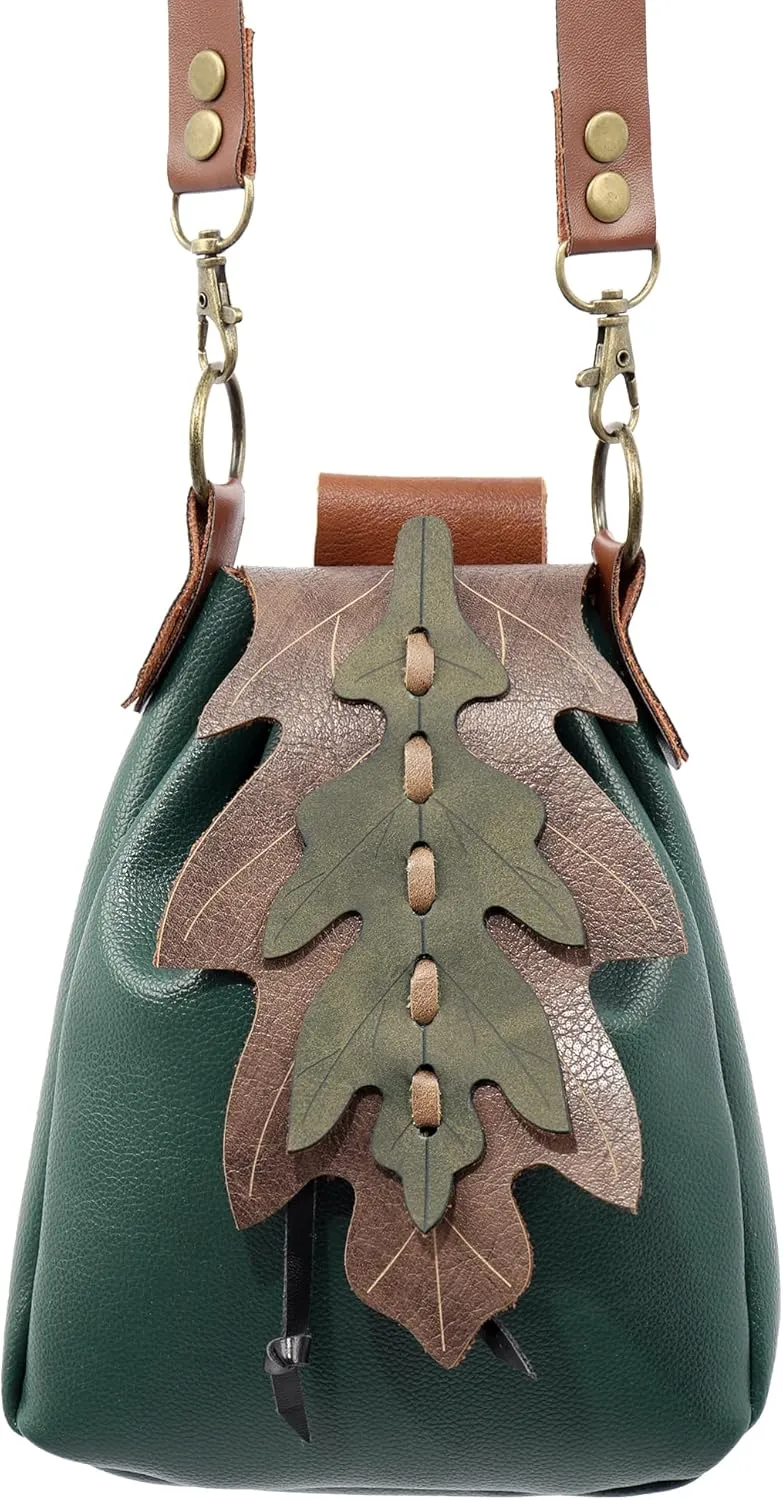 Medieval Shoulder Bag Leaf Belt Pouch Renaissance Vintage Waist Pack ELF Cosplay Ren Fairy (Green)