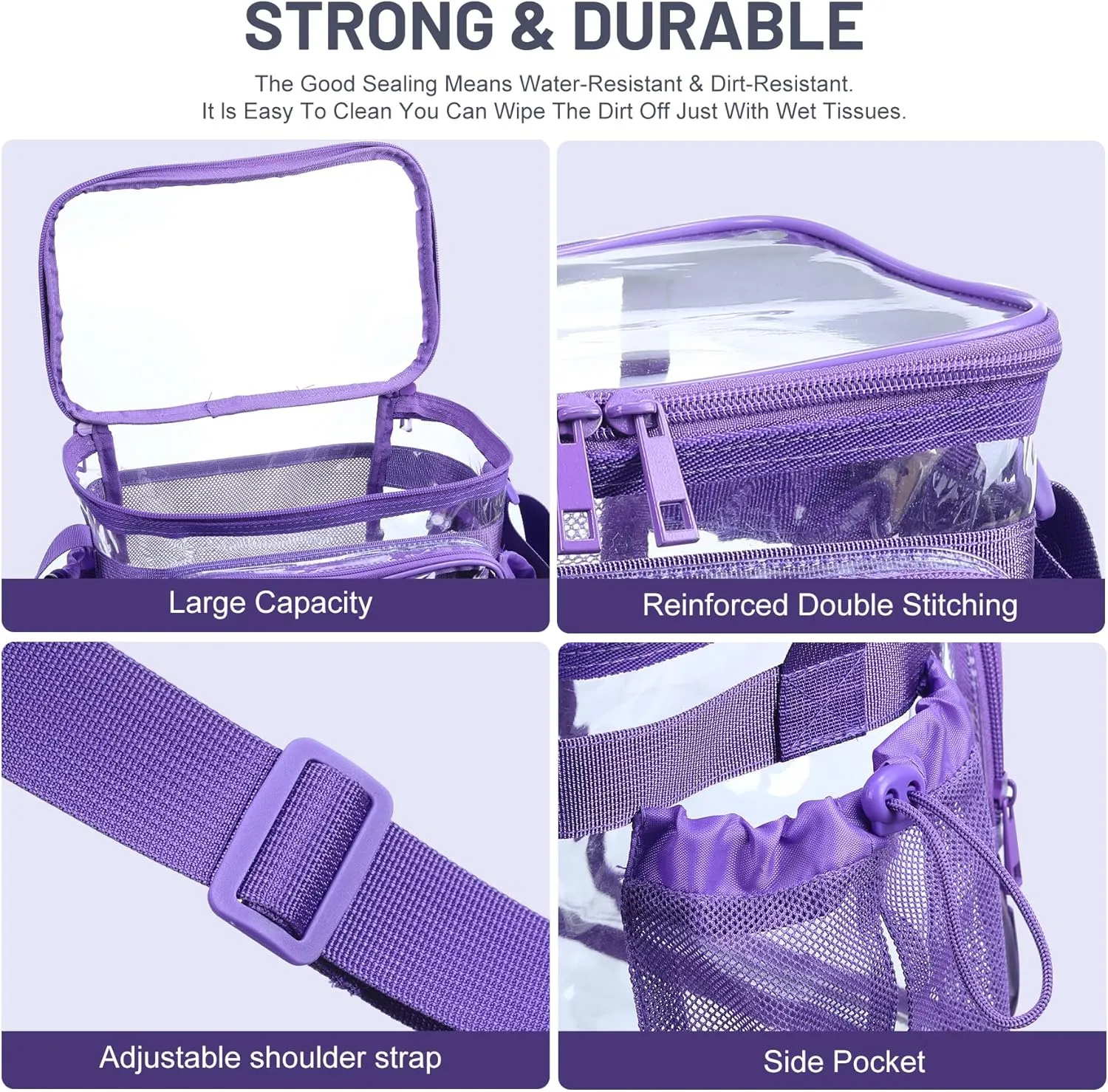 Medium Clear Bag with Pockets, gallon lunch boxes Shoulder Transparent Lunch Bag see thru Plastic Correctional Concets Work -Dark Purple
