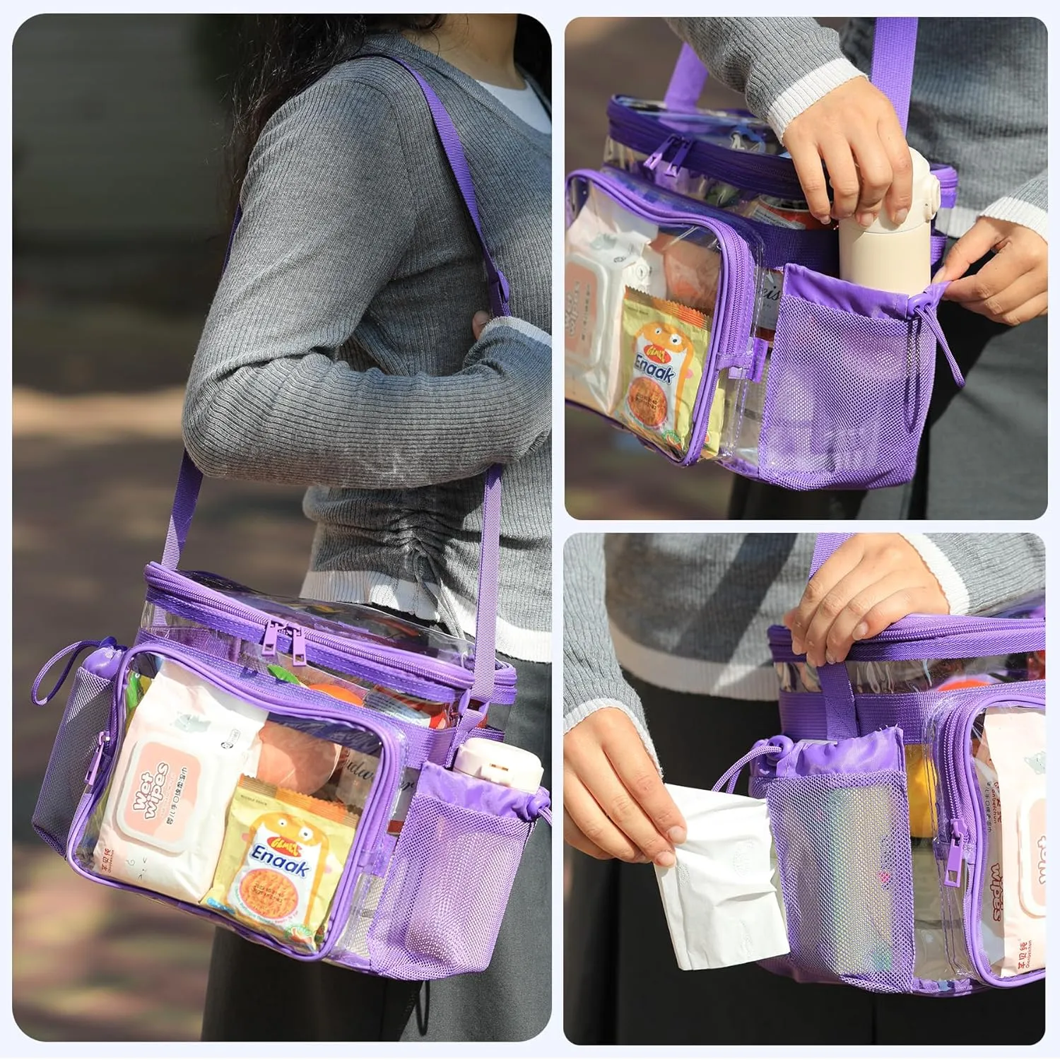 Medium Clear Bag with Pockets, gallon lunch boxes Shoulder Transparent Lunch Bag see thru Plastic Correctional Concets Work -Dark Purple