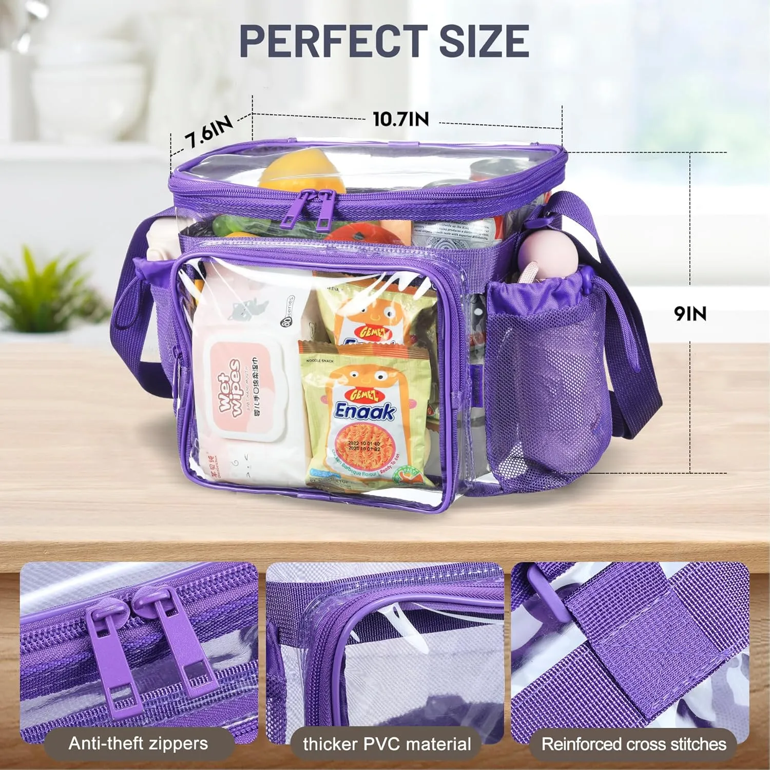 Medium Clear Bag with Pockets, gallon lunch boxes Shoulder Transparent Lunch Bag see thru Plastic Correctional Concets Work -Dark Purple