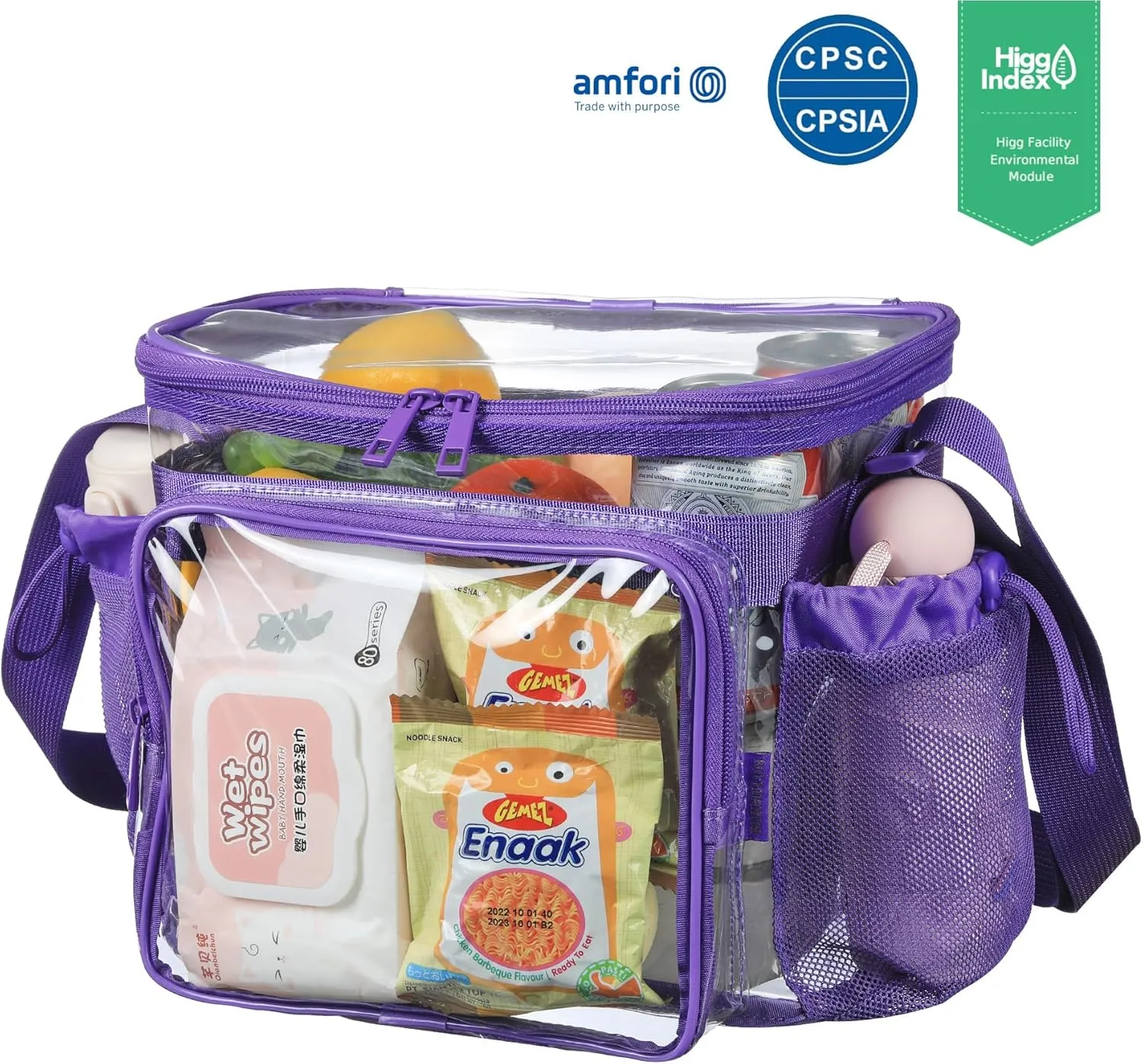 Medium Clear Bag with Pockets, gallon lunch boxes Shoulder Transparent Lunch Bag see thru Plastic Correctional Concets Work -Dark Purple