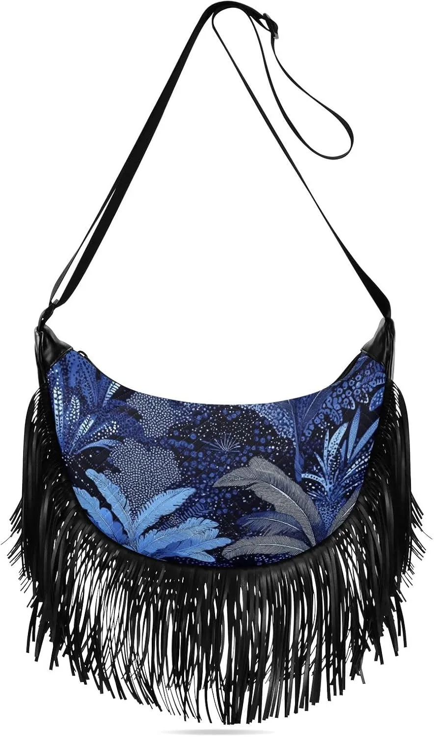 Medium Purses for Women Crossbody Tassel Detail Blue Mystery Leaf Crossbody Bags for Women Trendy Medium Shoulder Bag for Women Medium Size bolsos peque?os para mujer