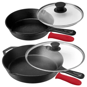 MegaChef Pre-Seasoned 6 Piece Cast Iron Skillet Set with Lids and Red Silicone H