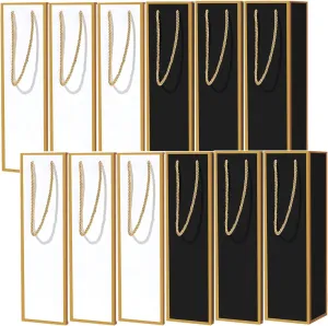 Megitzuu 12 Pack Wine Bottle Gift Bags - White Black Wine Bags with Gold Foil Design, 13.8"x4"x4" Kraft Paper Gift Bag with Handles for Birthday Wedding Christmas Party