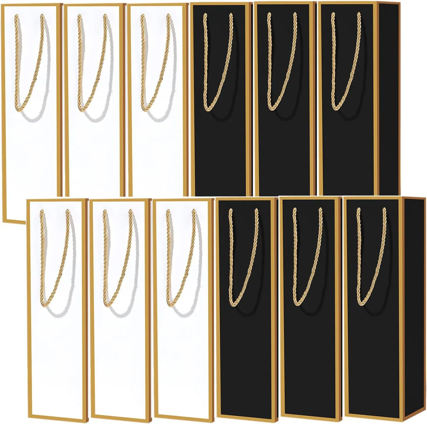 Megitzuu 12 Pack Wine Bottle Gift Bags - White Black Wine Bags with Gold Foil Design, 13.8"x4"x4" Kraft Paper Gift Bag with Handles for Birthday Wedding Christmas Party