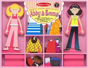 Melissa & Doug Abby and Emma Deluxe Magnetic Wooden Dress-Up Dolls Play Set (55  pcs) Magnetic Paper Dolls for Kids Ages 3 