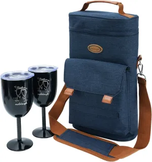 MELOTOUGH 2 Bottle Wine Cooler Bag Insulated Wine Carrier with 2 Stainless Steel Glasses Portable Wine Tote Bag Wine Travel Bag Gift for Wine Lovers, Blue