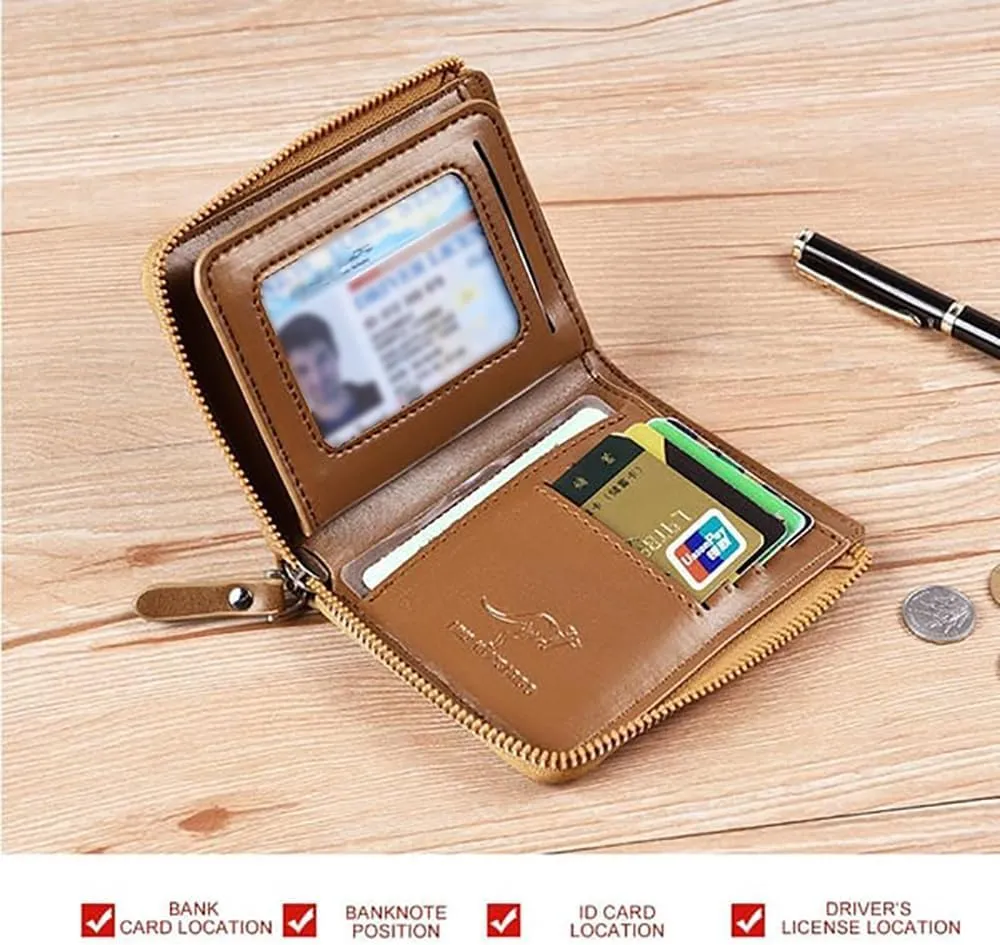 Men Wallet Zipper Genuine Leather Purs, Aiks Kangaroo Wallets, PU Stylish Soft Simple Design RFID Protected Wallet (Retro Red)