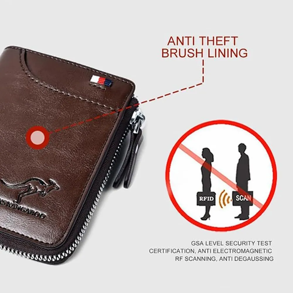 Men Wallet Zipper Genuine Leather Purs, Aiks Kangaroo Wallets, PU Stylish Soft Simple Design RFID Protected Wallet (Retro Red)