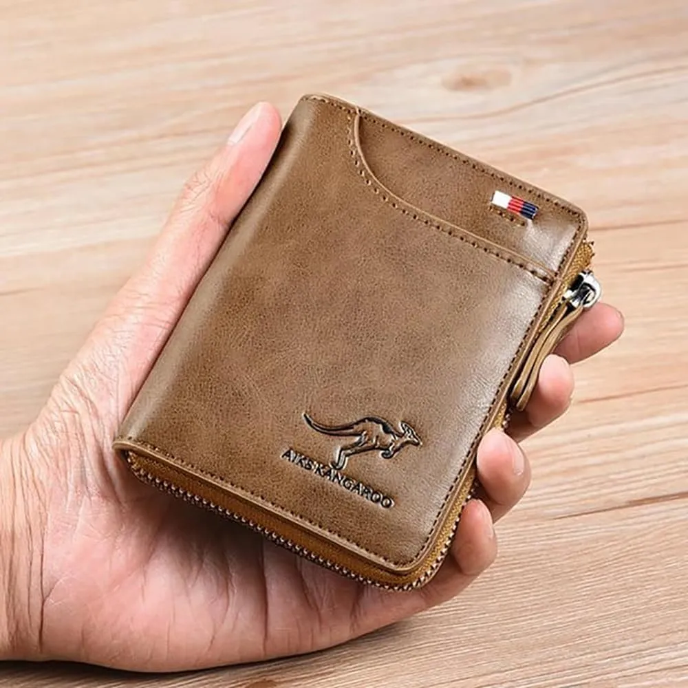 Men Wallet Zipper Genuine Leather Purs, Aiks Kangaroo Wallets, PU Stylish Soft Simple Design RFID Protected Wallet (Retro Red)