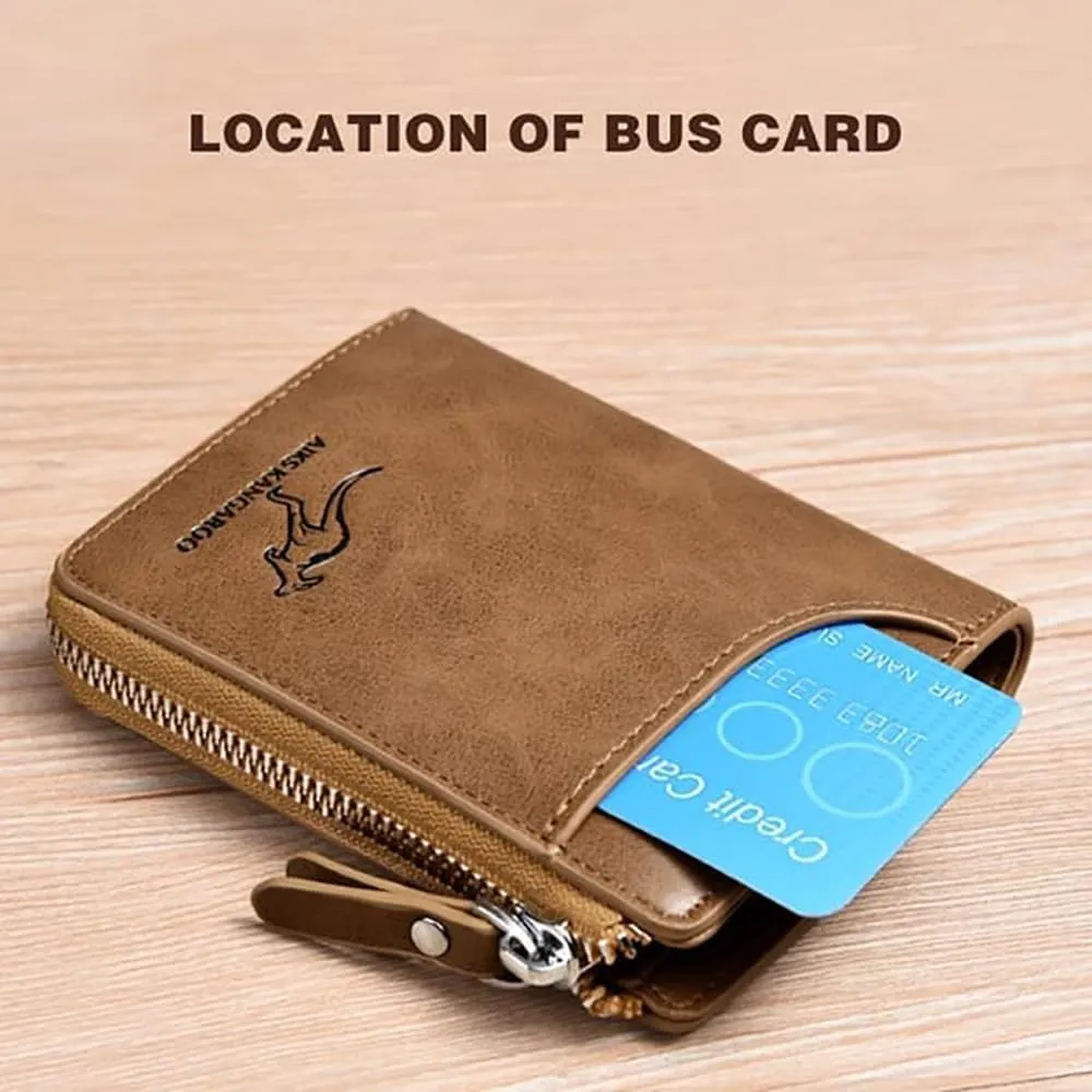 Men Wallet Zipper Genuine Leather Purs, Aiks Kangaroo Wallets, PU Stylish Soft Simple Design RFID Protected Wallet (Retro Red)