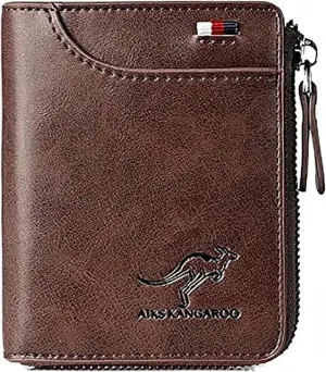 Men Wallet Zipper Genuine Leather Purs, Aiks Kangaroo Wallets, PU Stylish Soft Simple Design RFID Protected Wallet (Retro Red)