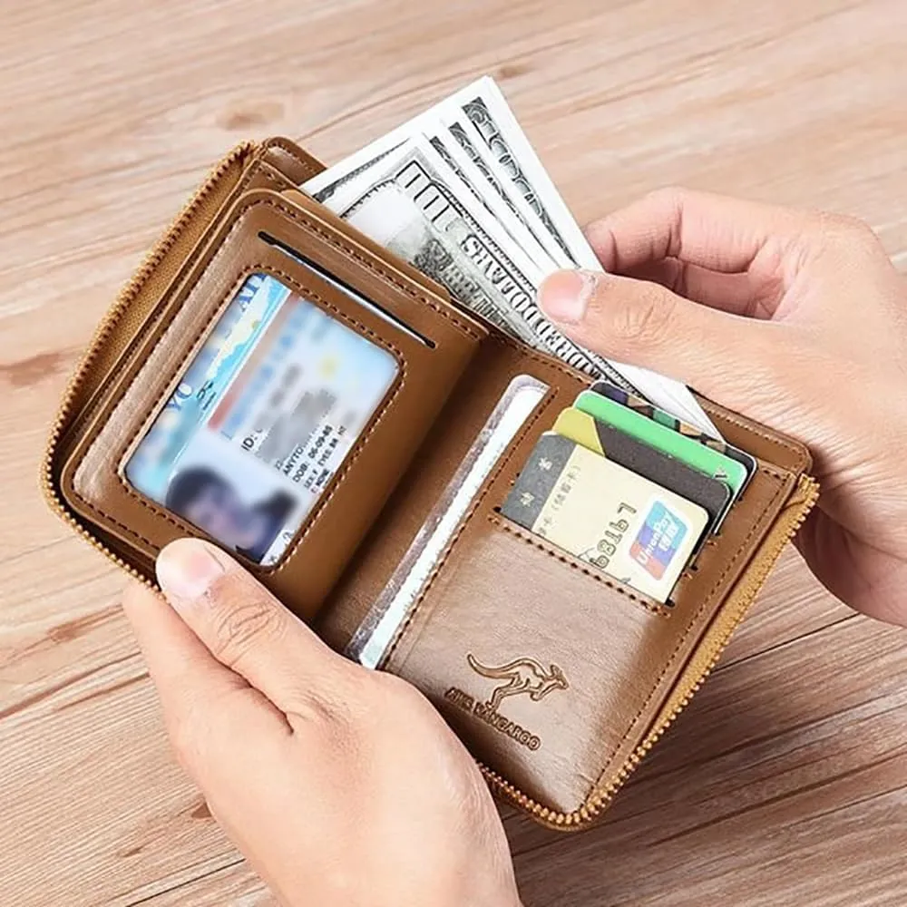 Men Wallet Zipper Genuine Leather Purs, Aiks Kangaroo Wallets, PU Stylish Soft Simple Design RFID Protected Wallet (Retro Red)