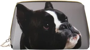 MENRIAOV Black And White Dog Breed Boxer Pvc Leather Portable Cosmetic Bag Travel Toiletry Bag Makeup Bag For Women