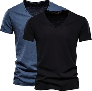 Mens 2 PC V-Neck T-Shirts Soft Cotton Moisture Wicking Short Sleeve Tops Workout Casual Slim Fit Muscle Sports Shirts