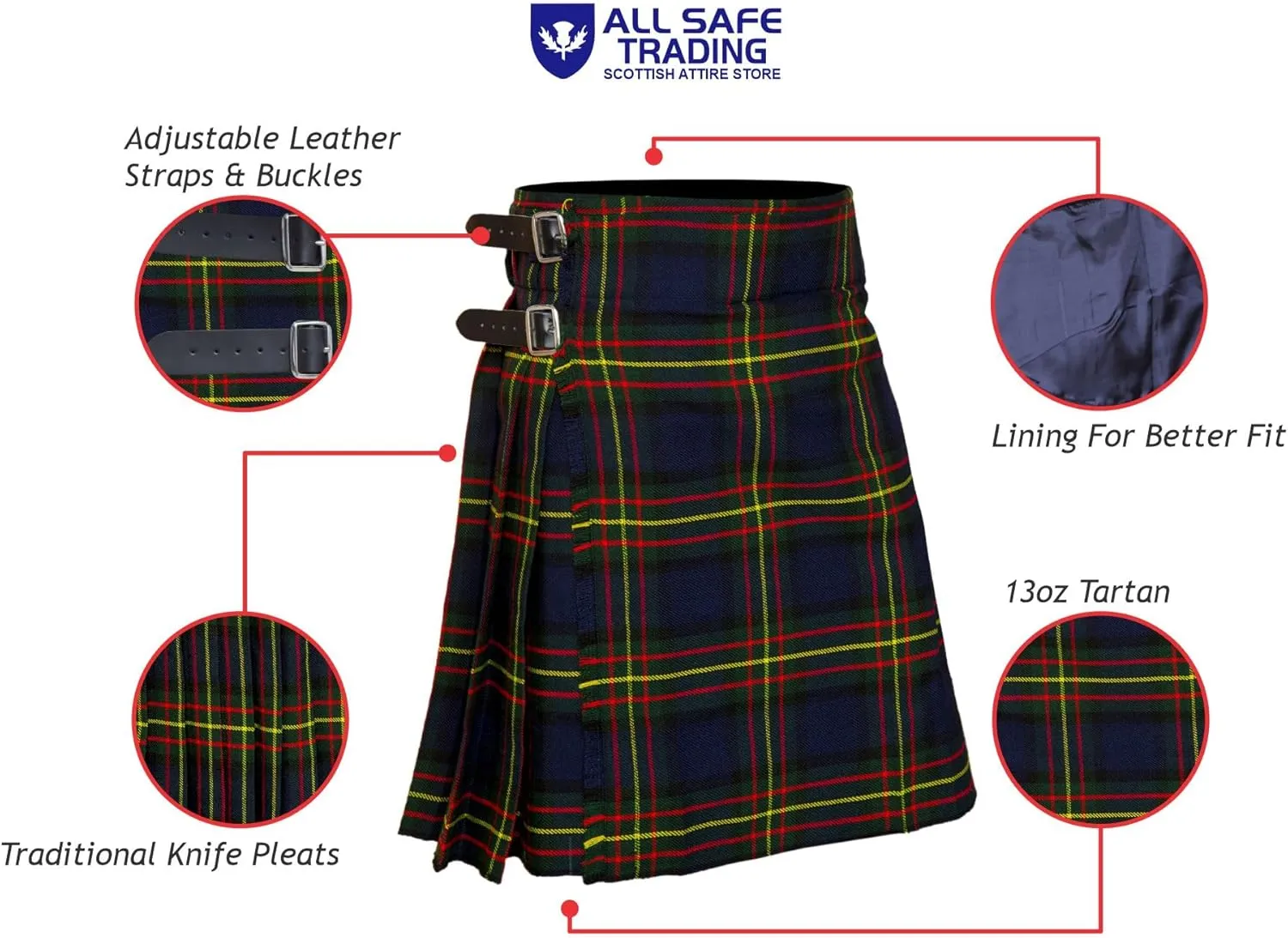 Men's 5 Yard Scottish Tartan Kilt, Highland Wedding Kilt - Men’s 5 Yard Scottish Tartan Kilt
