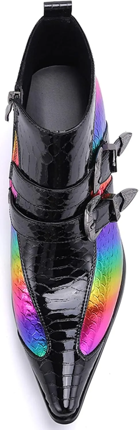 Men's Chelsea Boots - Genuine Leather Western Ankle Boots with Metal Tip-Toe, Zipper & Buckle - Two-Tone Dress & Casual Boots for Party, Disco & Singer