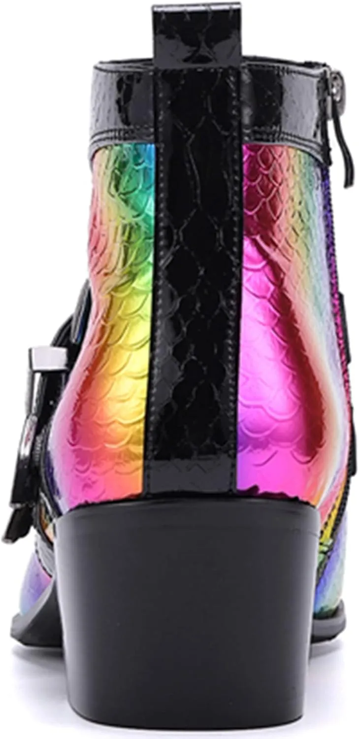 Men's Chelsea Boots - Genuine Leather Western Ankle Boots with Metal Tip-Toe, Zipper & Buckle - Two-Tone Dress & Casual Boots for Party, Disco & Singer
