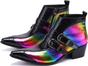 Men's Chelsea Boots - Genuine Leather Western Ankle Boots with Metal Tip-Toe, Zipper & Buckle - Two-Tone Dress & Casual Boots for Party, Disco & Singer