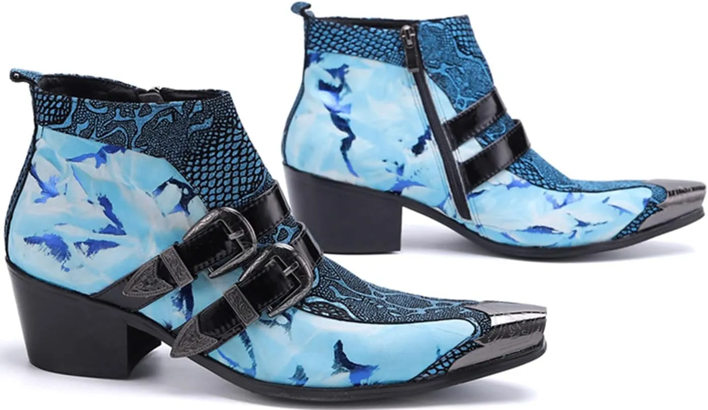 Men's Chelsea Boots - Genuine Leather Western Ankle Boots with Metal Tip-Toe, Zipper & Buckle - Two-Tone Dress & Casual Boots for Party, Disco & Singer