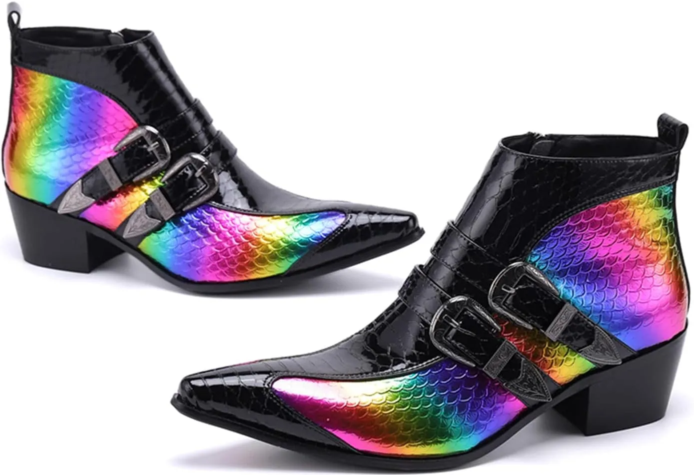 Men's Chelsea Boots - Genuine Leather Western Ankle Boots with Metal Tip-Toe, Zipper & Buckle - Two-Tone Dress & Casual Boots for Party, Disco & Singer