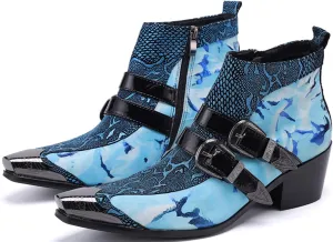 Men's Chelsea Boots - Genuine Leather Western Ankle Boots with Metal Tip-Toe, Zipper & Buckle - Two-Tone Dress & Casual Boots for Party, Disco & Singer