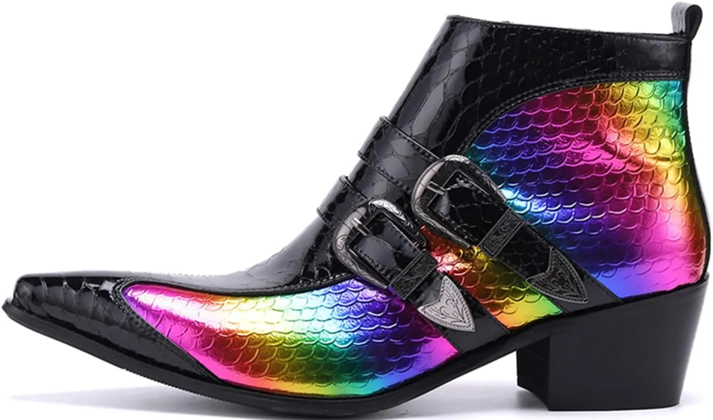 Men's Chelsea Boots - Genuine Leather Western Ankle Boots with Metal Tip-Toe, Zipper & Buckle - Two-Tone Dress & Casual Boots for Party, Disco & Singer