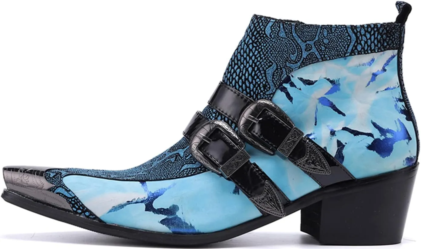 Men's Chelsea Boots - Genuine Leather Western Ankle Boots with Metal Tip-Toe, Zipper & Buckle - Two-Tone Dress & Casual Boots for Party, Disco & Singer