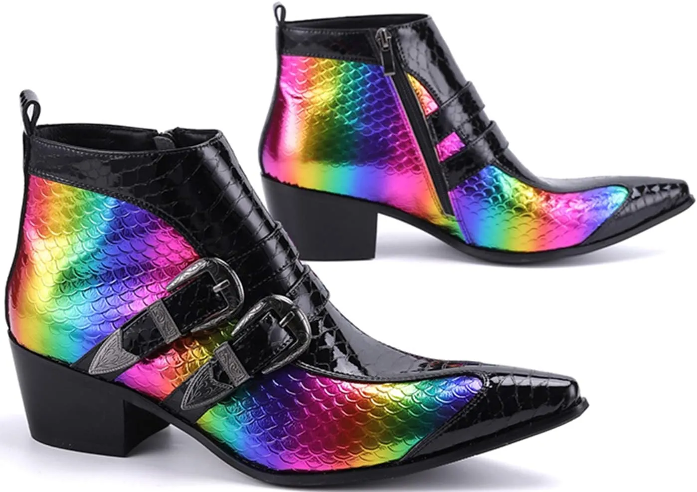 Men's Chelsea Boots - Genuine Leather Western Ankle Boots with Metal Tip-Toe, Zipper & Buckle - Two-Tone Dress & Casual Boots for Party, Disco & Singer