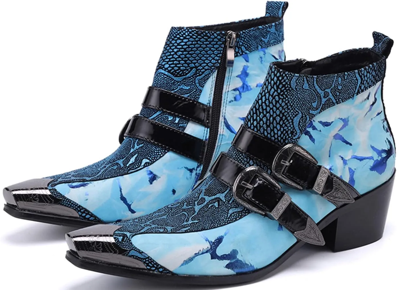 Men's Chelsea Boots - Genuine Leather Western Ankle Boots with Metal Tip-Toe, Zipper & Buckle - Two-Tone Dress & Casual Boots for Party, Disco & Singer
