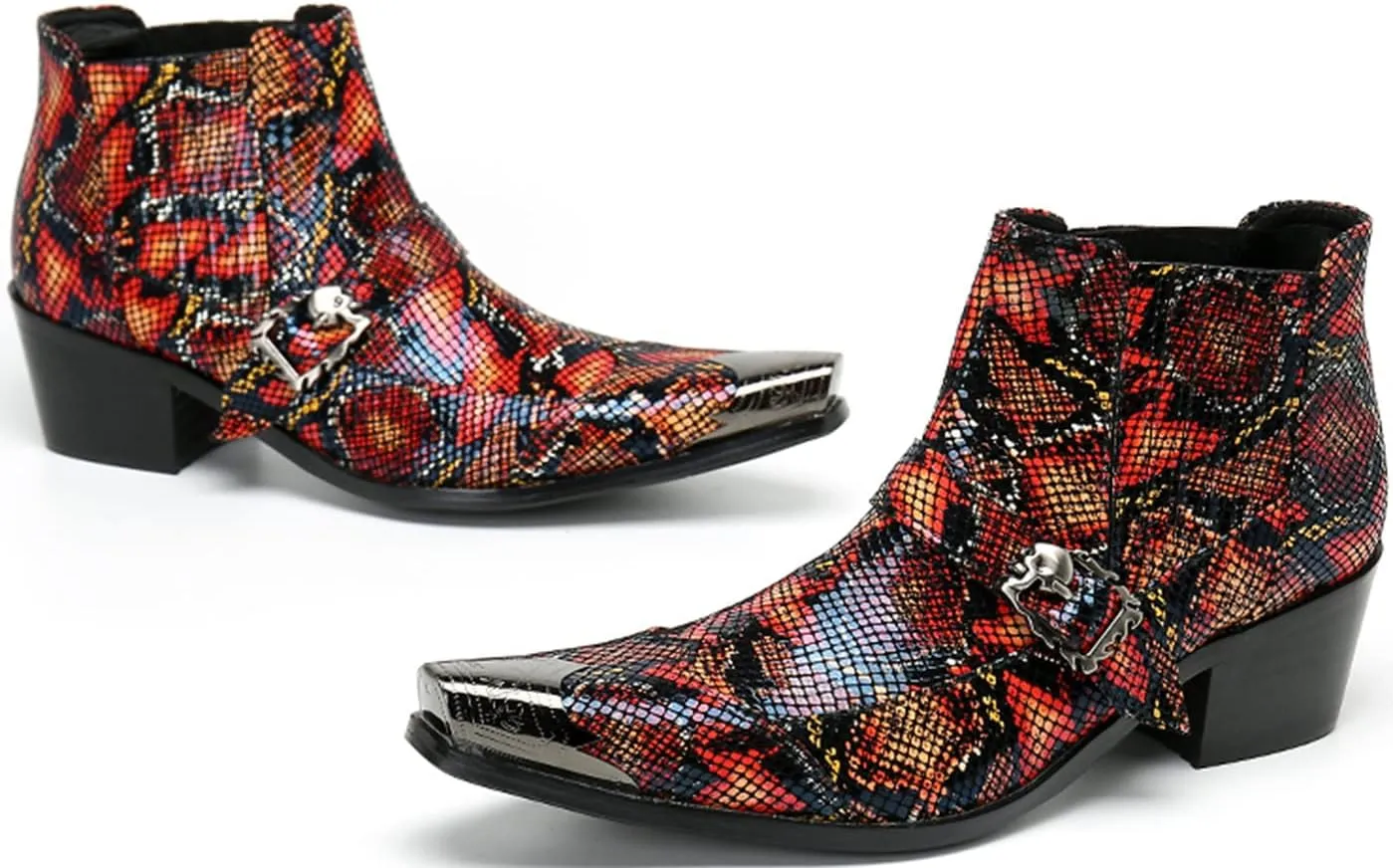Men's Chelsea Boots - Leather Western Ankle Boots with Metal Pointed-Toe & Snakeskin Texture - Dress & Casual Boots for Party, Disco, Wedding, Prom & Singer