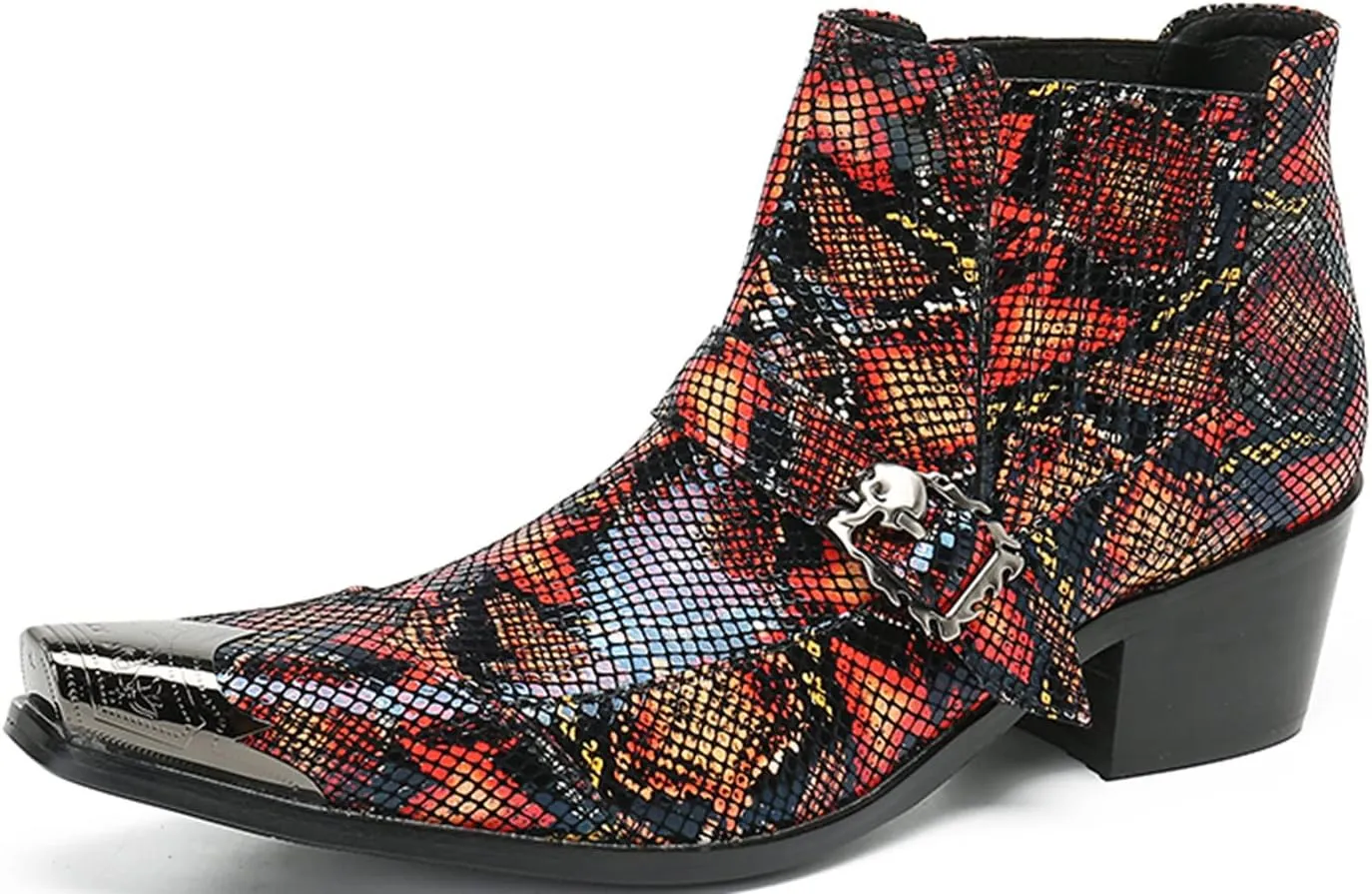 Men's Chelsea Boots - Leather Western Ankle Boots with Metal Pointed-Toe & Snakeskin Texture - Dress & Casual Boots for Party, Disco, Wedding, Prom & Singer
