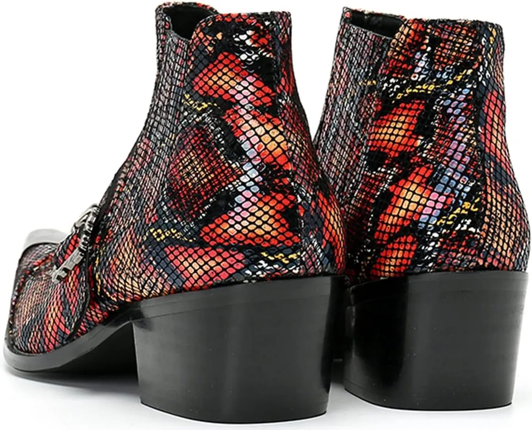 Men's Chelsea Boots - Leather Western Ankle Boots with Metal Pointed-Toe & Snakeskin Texture - Dress & Casual Boots for Party, Disco, Wedding, Prom & Singer