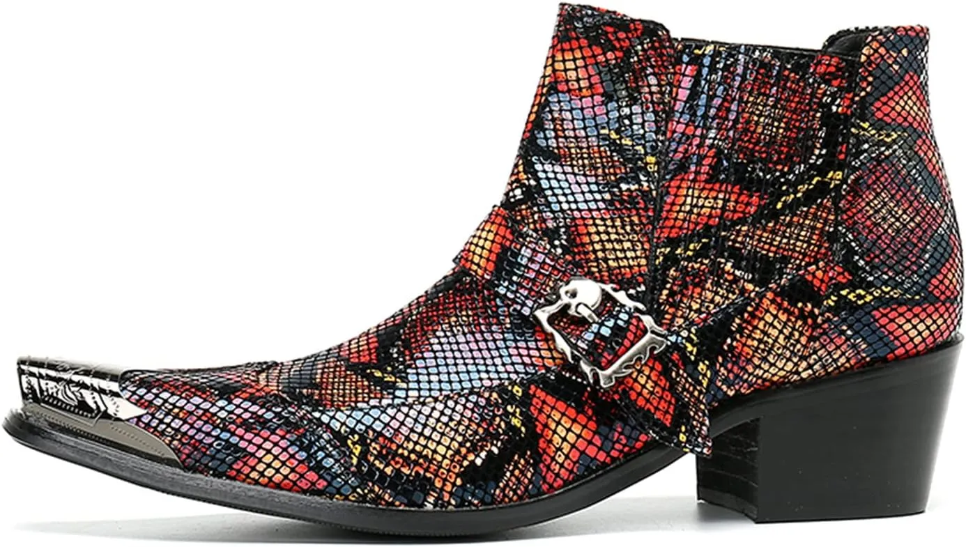 Men's Chelsea Boots - Leather Western Ankle Boots with Metal Pointed-Toe & Snakeskin Texture - Dress & Casual Boots for Party, Disco, Wedding, Prom & Singer