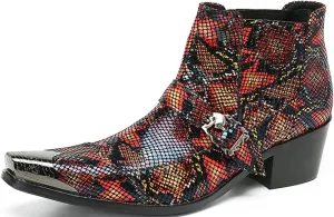 Men's Chelsea Boots - Leather Western Ankle Boots with Metal Pointed-Toe & Snakeskin Texture - Dress & Casual Boots for Party, Disco, Wedding, Prom & Singer