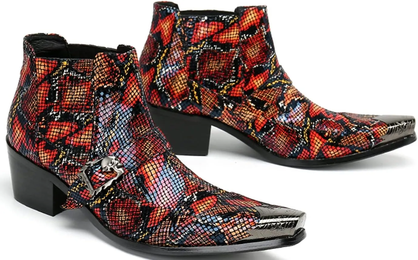 Men's Chelsea Boots - Leather Western Ankle Boots with Metal Pointed-Toe & Snakeskin Texture - Dress & Casual Boots for Party, Disco, Wedding, Prom & Singer