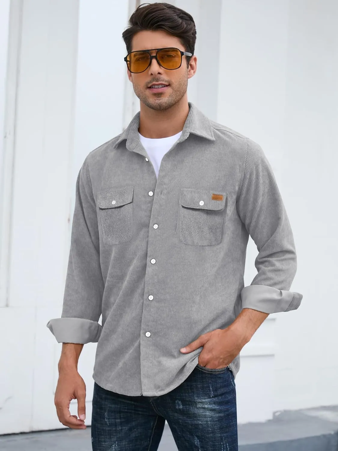 Mens Corduroy Shirts Jacket Button Down Long Sleeve Work Shirts Shackets with Pocket