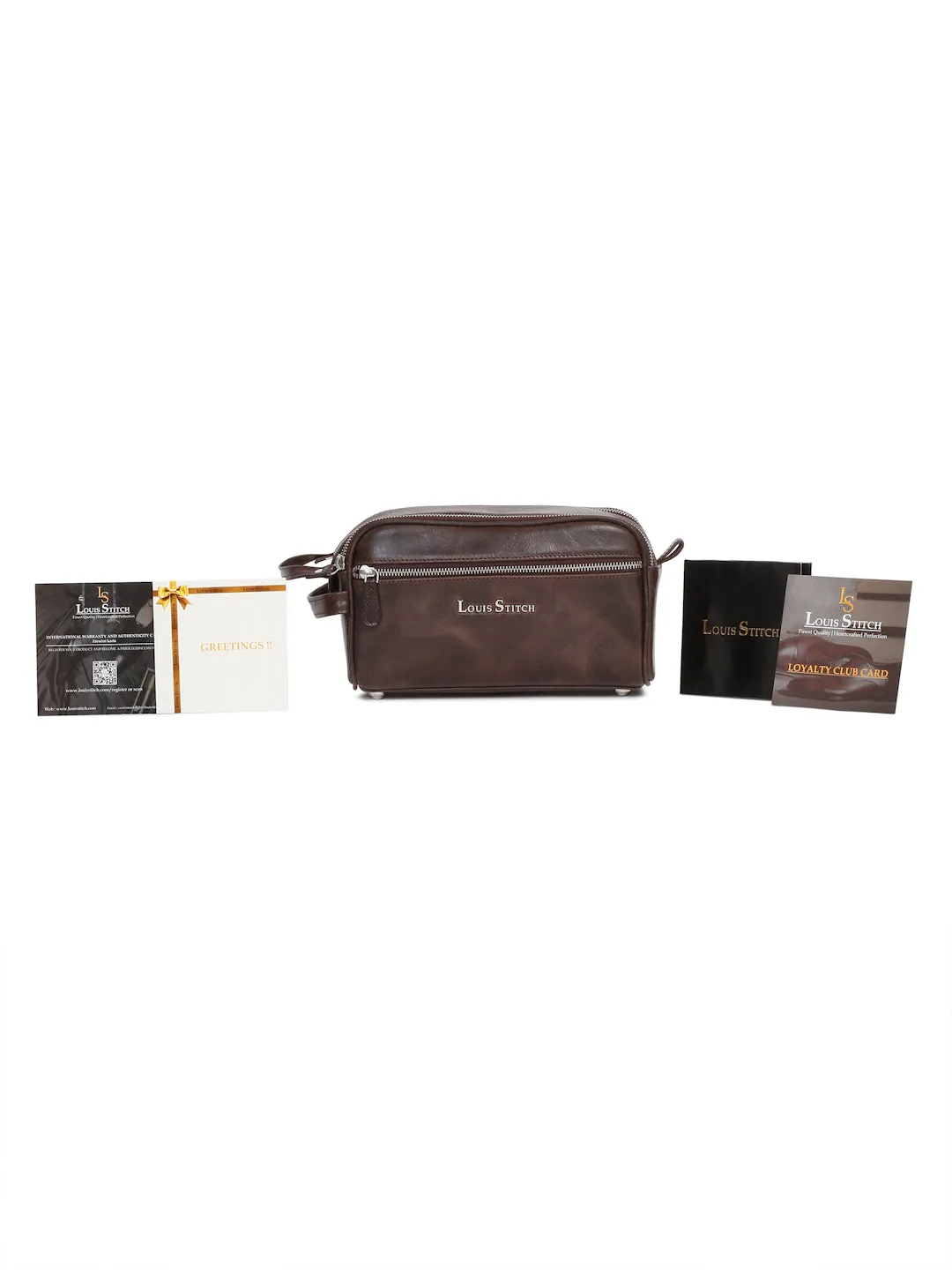Men's Italian Leather Toiletry Kit Travel Organizer Pouch with Multiple Compartments