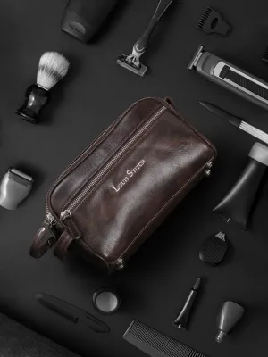 Men's Italian Leather Toiletry Kit Travel Organizer Pouch with Multiple Compartments