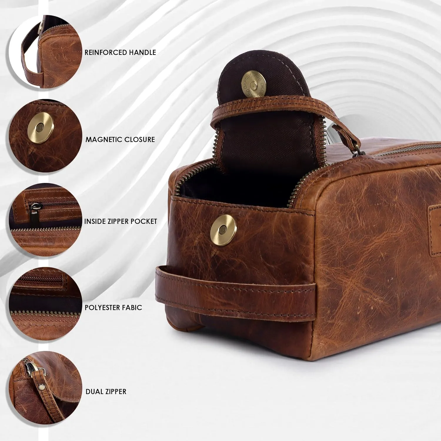 Mens Leather Toiletry Travel Bag, Shaving and Travel Kit for Men, Dopp Kit Men, Handcrafted Vintage, Toiletry Pouch With Waterproof Lining - Tan