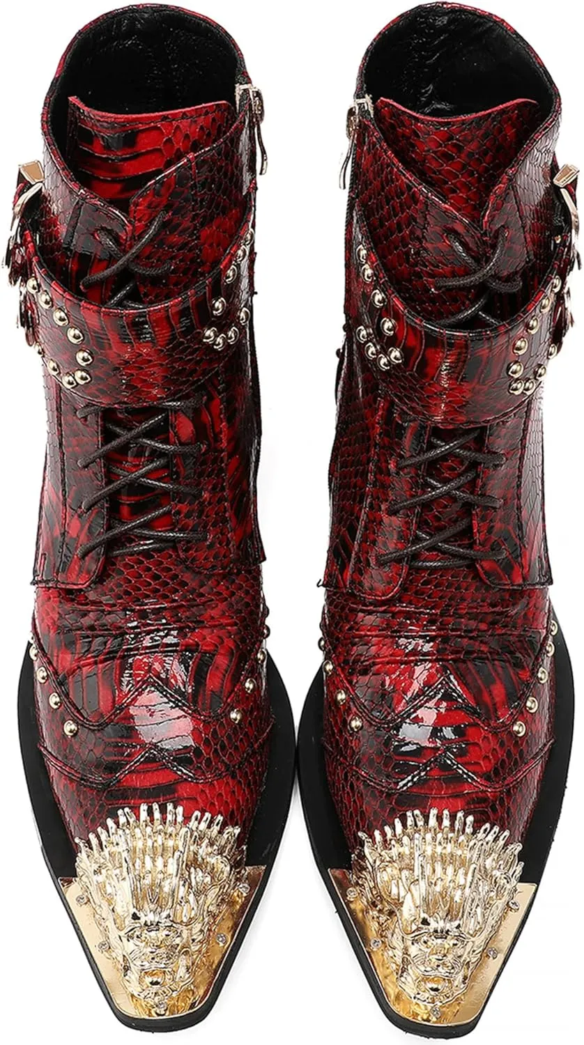 Mens Oxfords Boots Casual Dress Cowboy Boots Genuine Leather Metal Wingtip Toe Rivets Western Boots Fashion Ballroom Tuxedo Party Disco Rock Singer Prom Wedding Mid Top Boots for Men