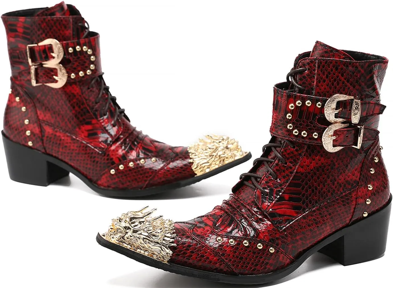 Mens Oxfords Boots Casual Dress Cowboy Boots Genuine Leather Metal Wingtip Toe Rivets Western Boots Fashion Ballroom Tuxedo Party Disco Rock Singer Prom Wedding Mid Top Boots for Men