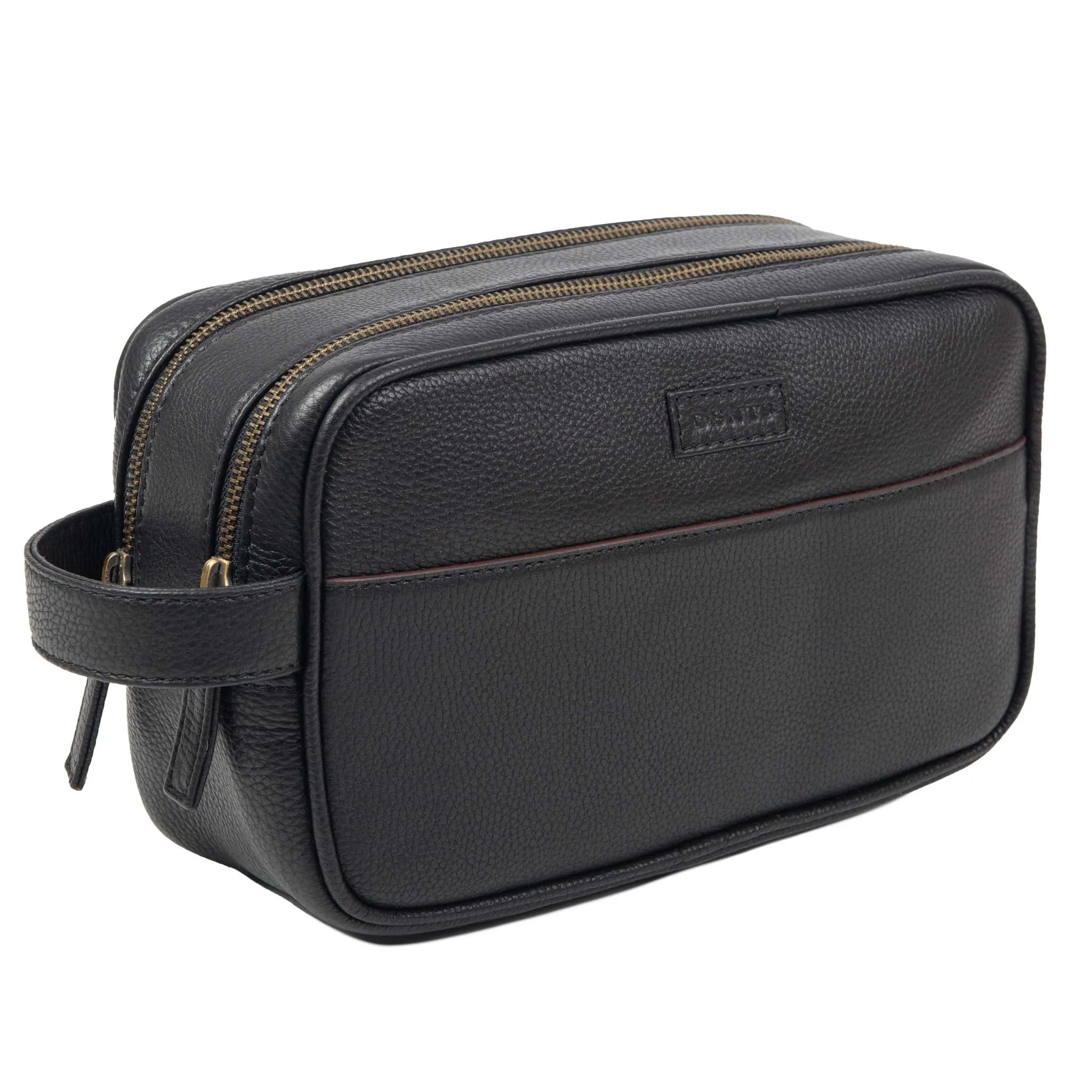 Men's Two-Zip Pebble Grain Leather Wash Bag