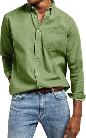 Mens Vintage Washed Shirts Casual Long Sleeve Button Down Tunic Tops Classic Lapel Solid Colors Shirts for Business